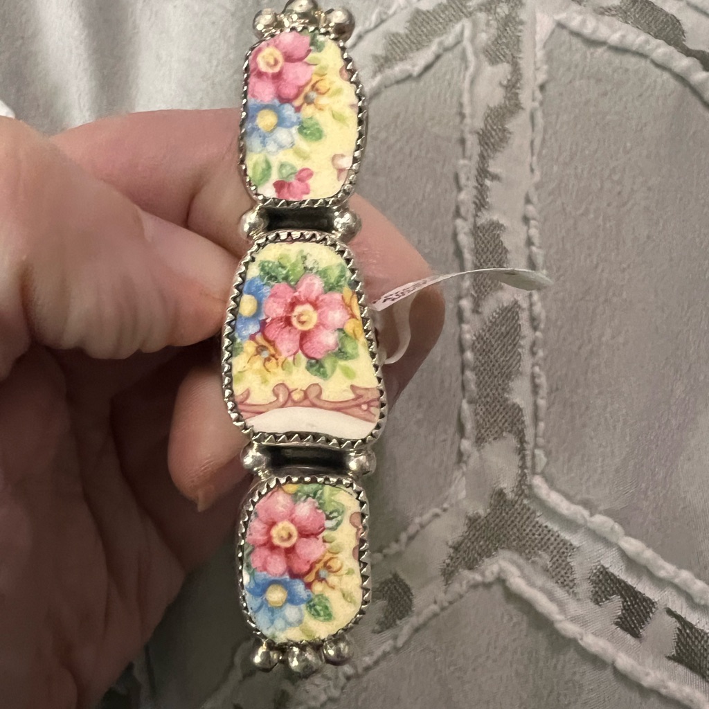 M&S Sterling Silver Porcelain China Floral Crawler Ring